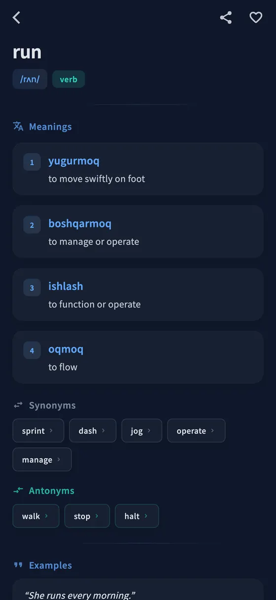 The word detail screen in the PLTK app, showing numbered senses with their Uzbek and English text.