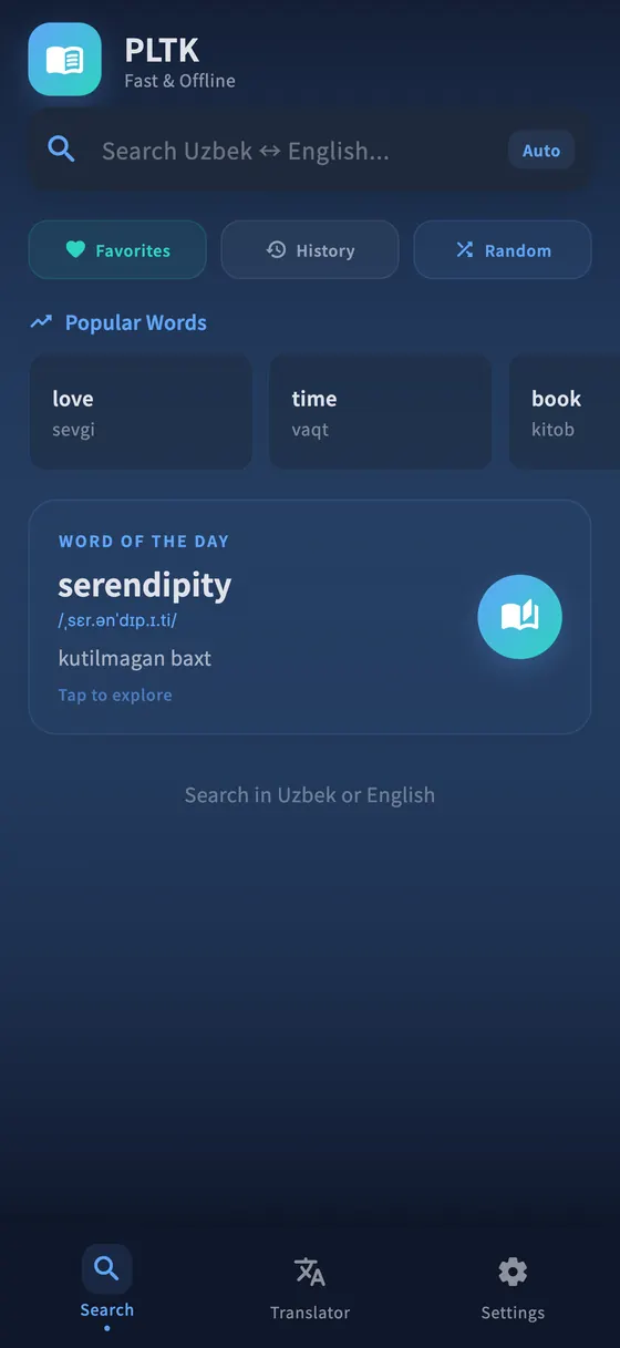 The PLTK home screen on iPhone: a bilingual search field, popular words, and the word of the day.