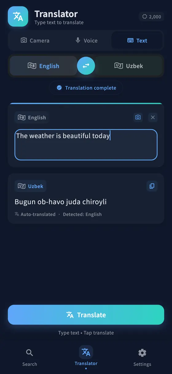 PLTK text translation on iPhone: an English sentence with its Uzbek translation below it.