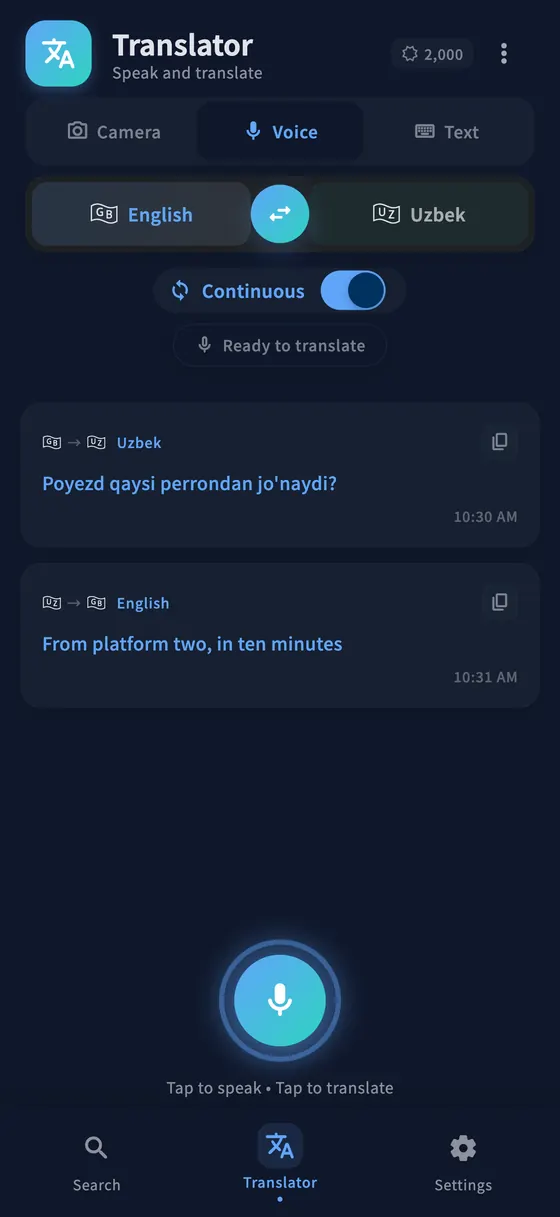 Continuous voice translation in PLTK, showing a two-sided conversation.